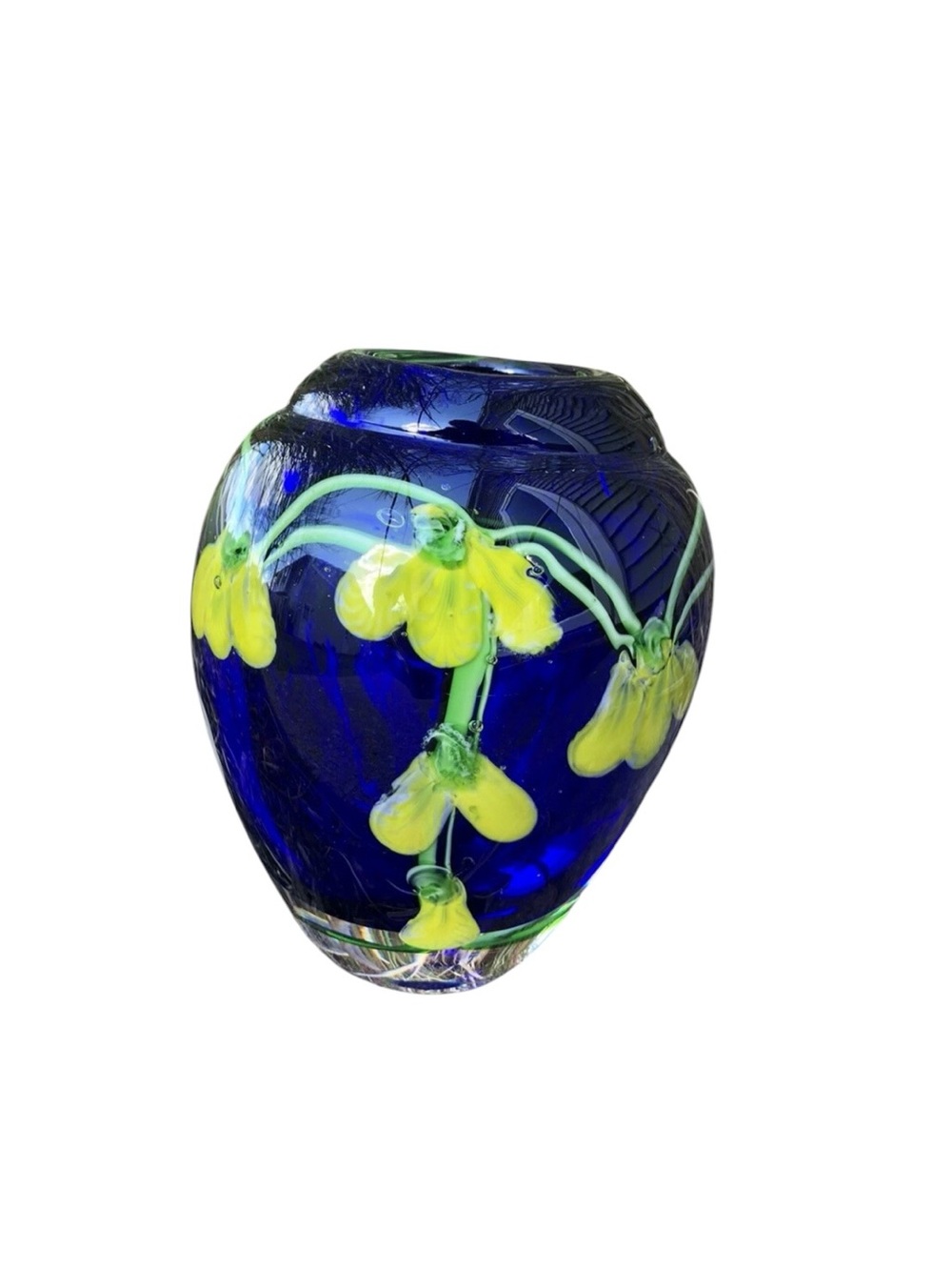 Vintage Hand Blown Glass Vase Murano Floral Italy Cobalt Blue Yellow Flowers